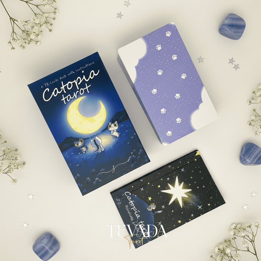 Catopia Tarot II featuring whimsical cat artwork on smooth cardstock for healing and playful divination.