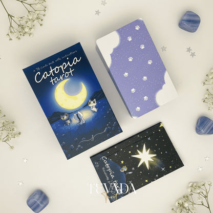 Catopia Tarot II featuring whimsical cat artwork on smooth cardstock for healing and playful divination.