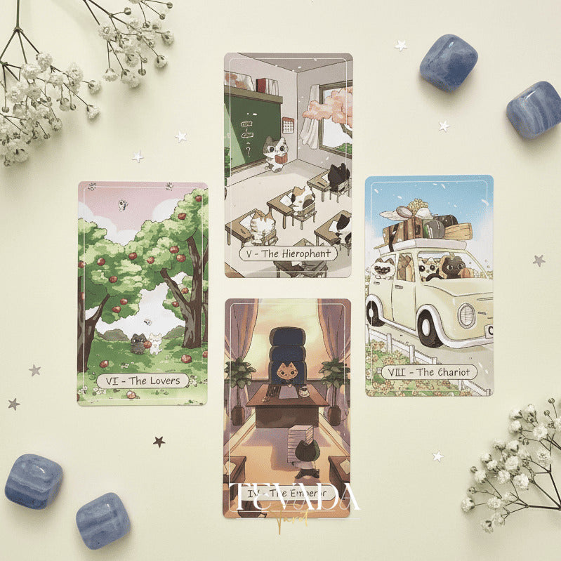Catopia Tarot II featuring whimsical cat artwork on smooth cardstock for healing and playful divination.