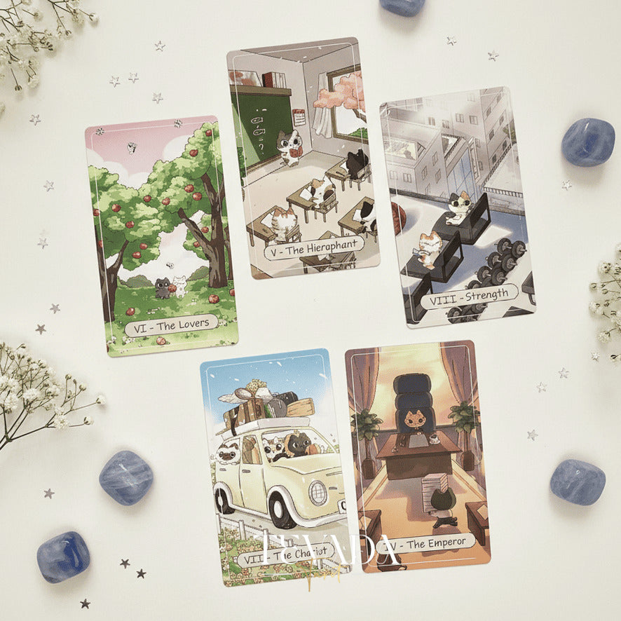 Catopia Tarot II featuring whimsical cat artwork on smooth cardstock for healing and playful divination.