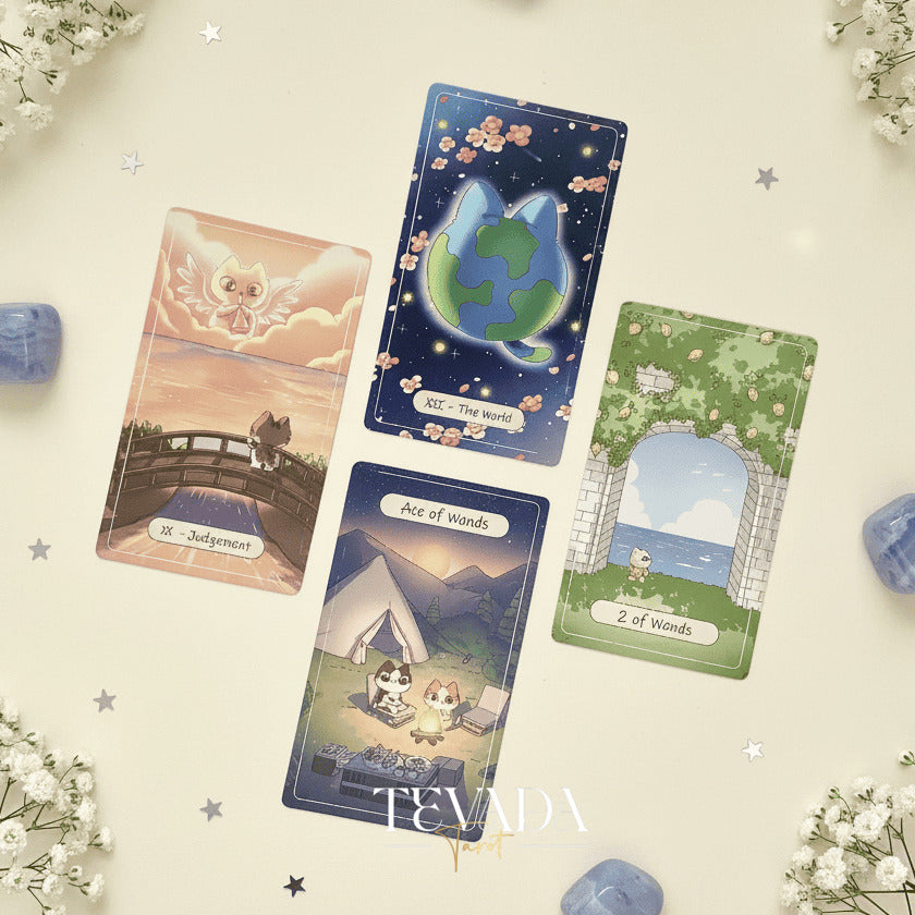 Catopia Tarot II featuring whimsical cat artwork on smooth cardstock for healing and playful divination.