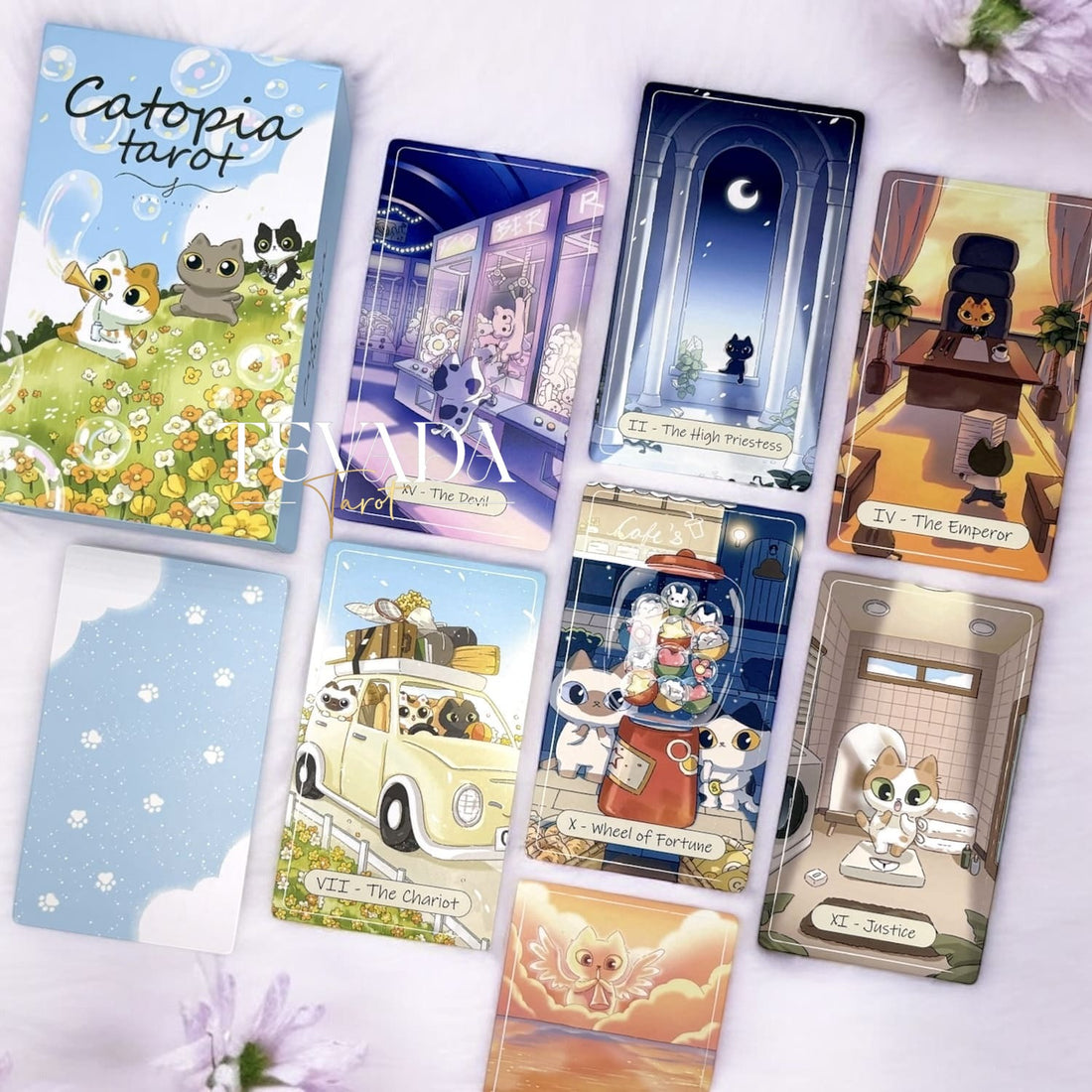 Explore the whimsical Catopia Tarot deck! This 78-card set offers intuitive insights through enchanting cat-themed artwork, perfect for seekers of magic and clarity in their journeys.