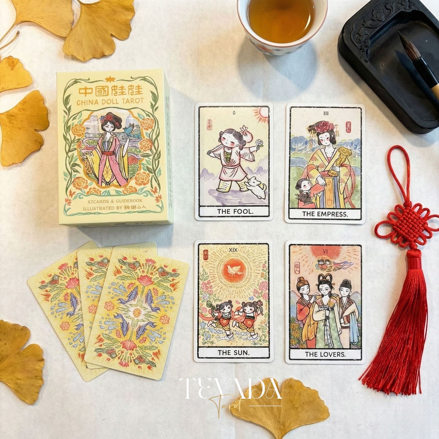 China Doll Tarot Deck featuring traditional Chinese ink wash art and Hanfu figures for intuitive divination.