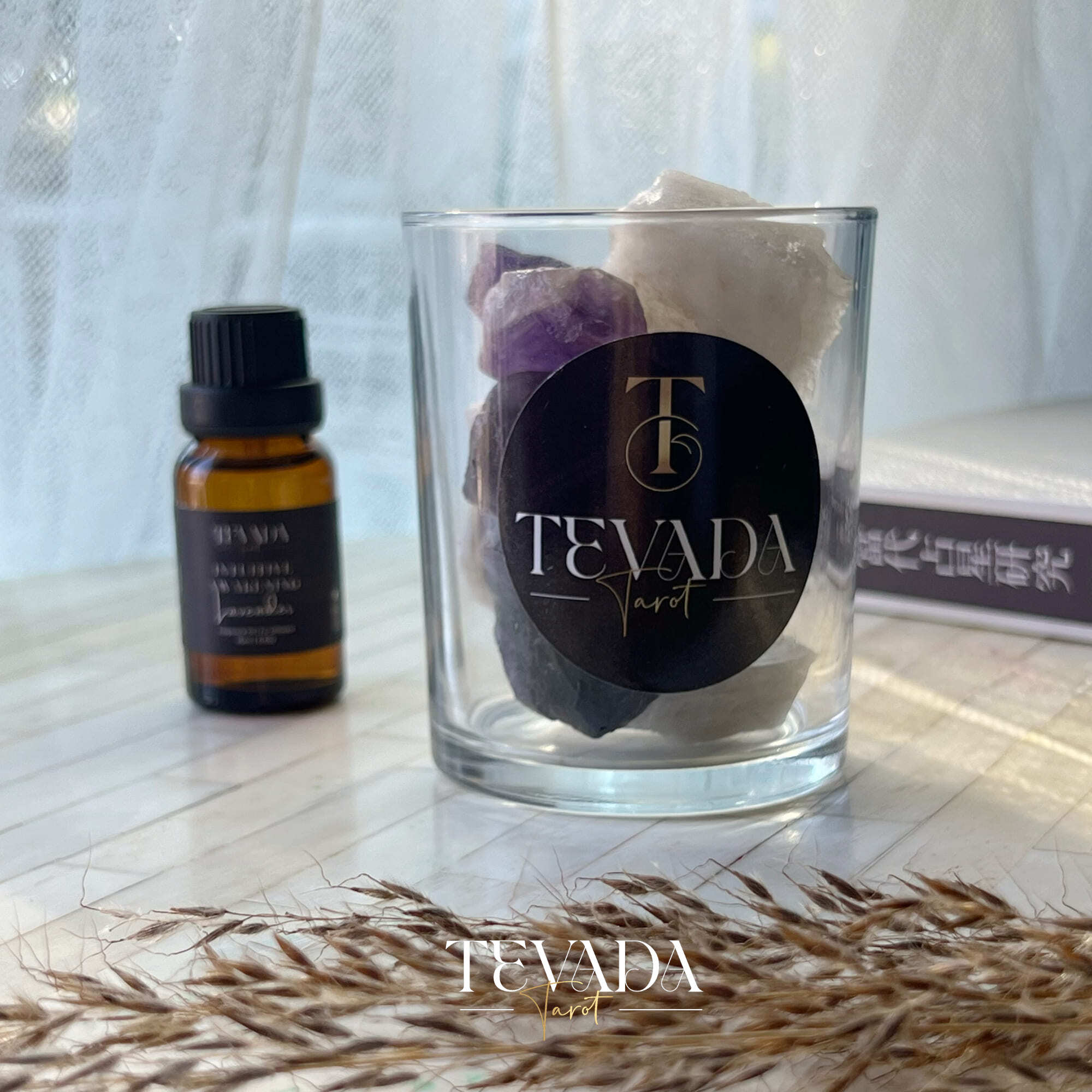 Crystal diffuser with moonstone, amethyst, and lavender oil. Inspired by The High Priestess tarot card. Perfect for Wiccan rituals, psychic focus, and intuitive meditation practices.