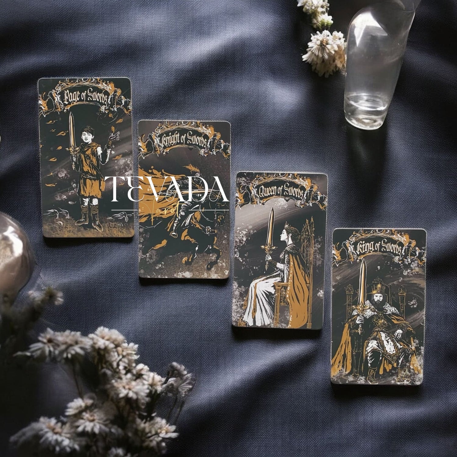 Unlock wisdom through the Dark Ray Tarot DELUXE, a 78-card deck in bold black, white, and gold tones designed for intuitive readings, clarity, and spiritual growth.