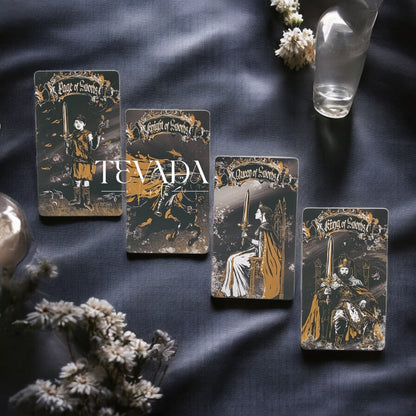 Unlock wisdom through the Dark Ray Tarot DELUXE, a 78-card deck in bold black, white, and gold tones designed for intuitive readings, clarity, and spiritual growth.