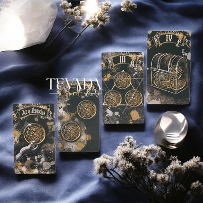 Unlock wisdom through the Dark Ray Tarot DELUXE, a 78-card deck in bold black, white, and gold tones designed for intuitive readings, clarity, and spiritual growth.