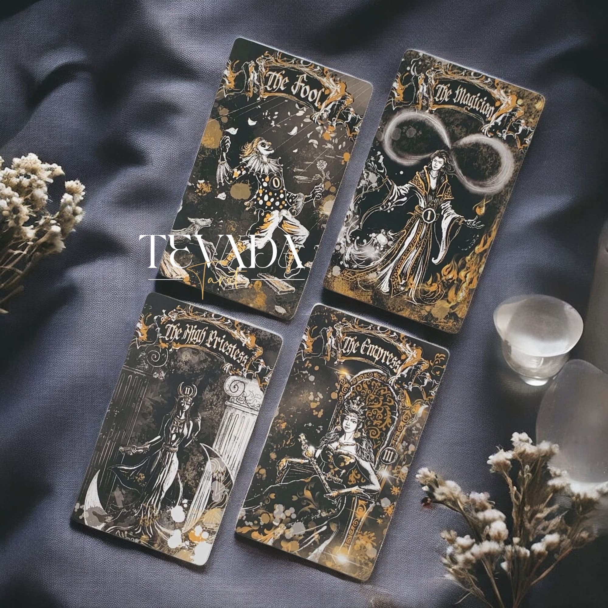 Unlock wisdom through the Dark Ray Tarot DELUXE, a 78-card deck in bold black, white, and gold tones designed for intuitive readings, clarity, and spiritual growth.