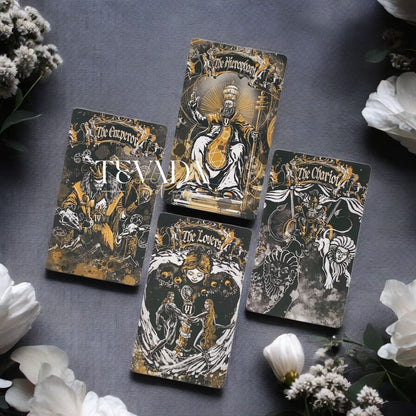 Unlock wisdom through the Dark Ray Tarot DELUXE, a 78-card deck in bold black, white, and gold tones designed for intuitive readings, clarity, and spiritual growth.