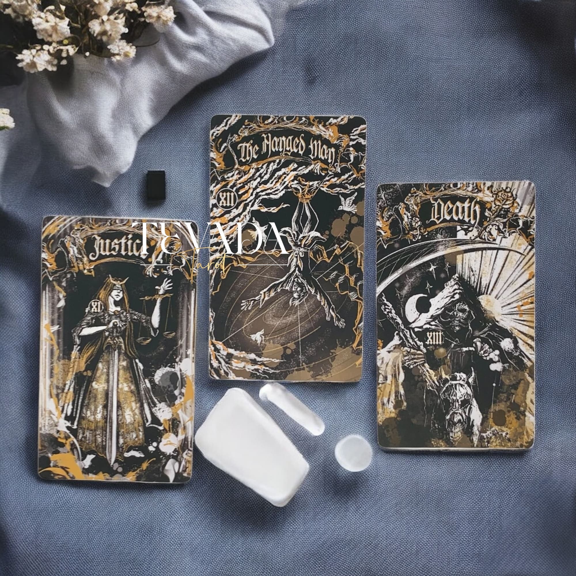 Unlock wisdom through the Dark Ray Tarot DELUXE, a 78-card deck in bold black, white, and gold tones designed for intuitive readings, clarity, and spiritual growth.