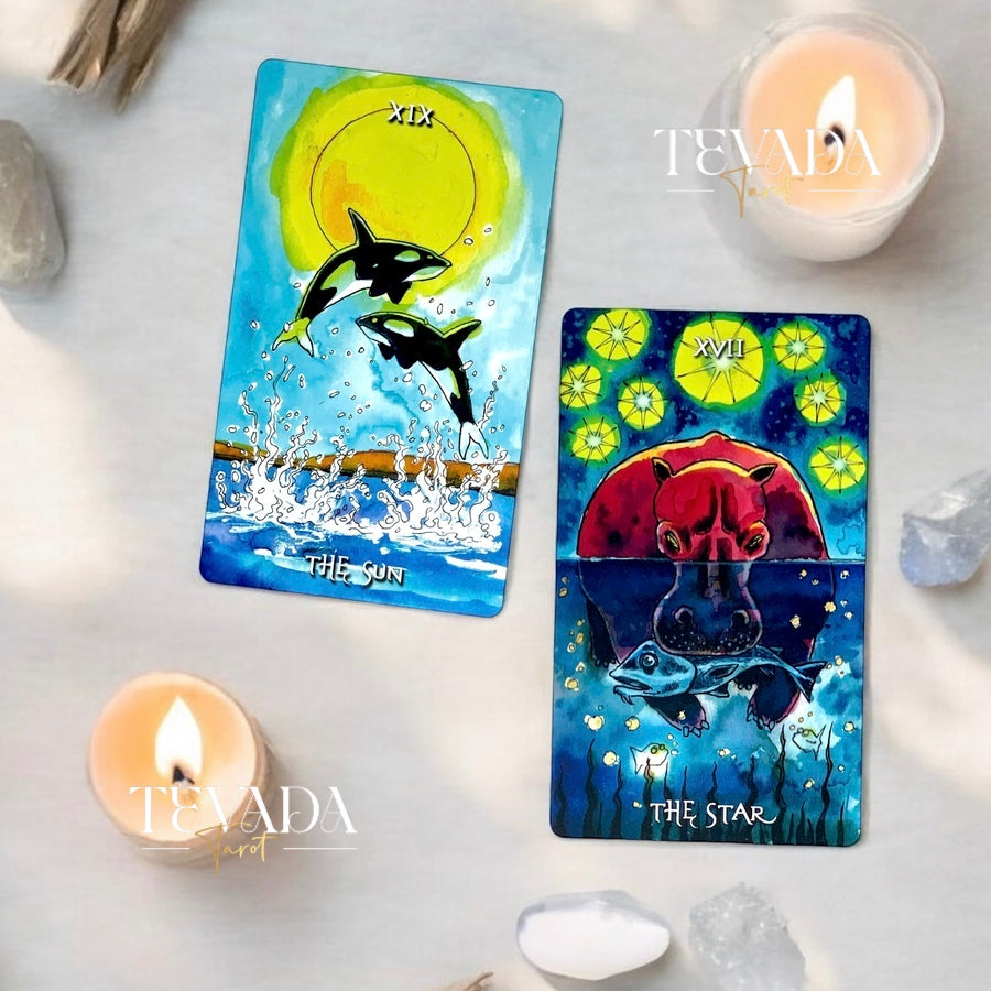 Unveil the magic of the Deep Water Tarot. This 78-card deck in vibrant watercolors guides you on an intuitive journey, revealing wisdom and clarity from mystical underwater creatures.