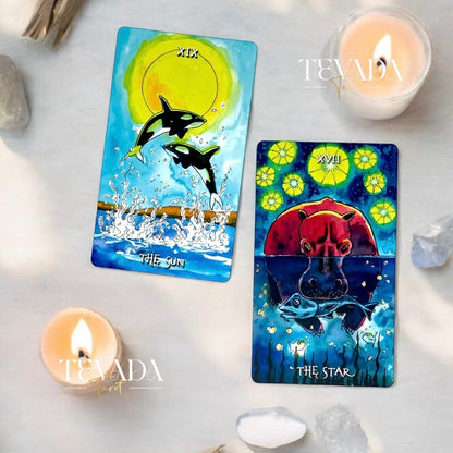 Unveil the magic of the Deep Water Tarot. This 78-card deck in vibrant watercolors guides you on an intuitive journey, revealing wisdom and clarity from mystical underwater creatures.