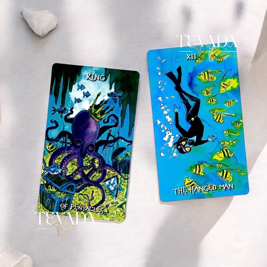 Unveil the magic of the Deep Water Tarot. This 78-card deck in vibrant watercolors guides you on an intuitive journey, revealing wisdom and clarity from mystical underwater creatures.