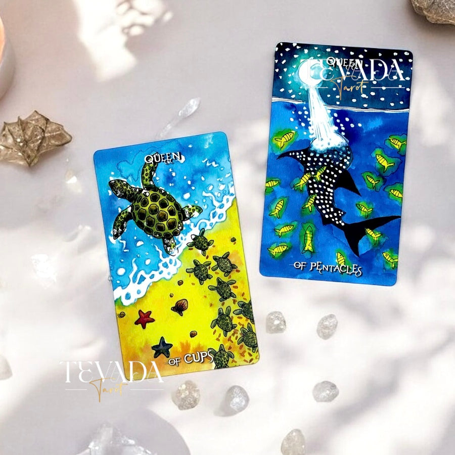 Unveil the magic of the Deep Water Tarot. This 78-card deck in vibrant watercolors guides you on an intuitive journey, revealing wisdom and clarity from mystical underwater creatures.