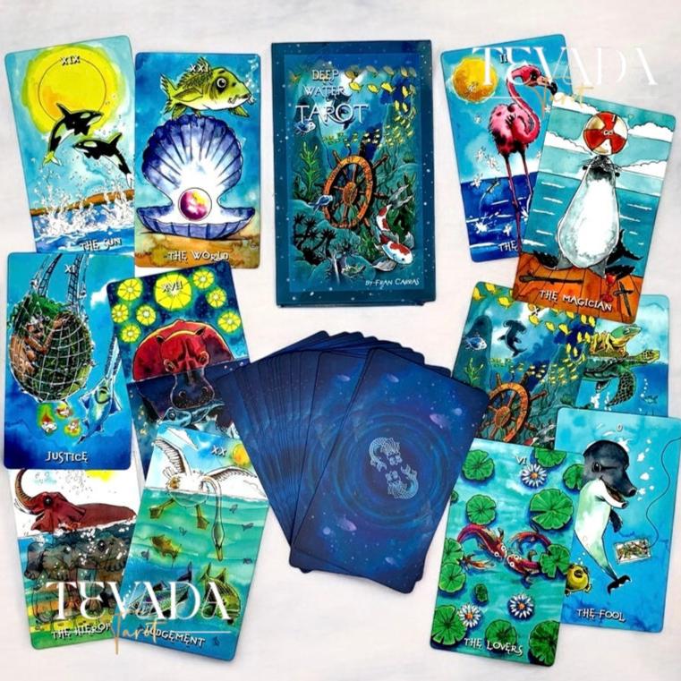 Unveil the magic of the Deep Water Tarot. This 78-card deck in vibrant watercolors guides you on an intuitive journey, revealing wisdom and clarity from mystical underwater creatures.