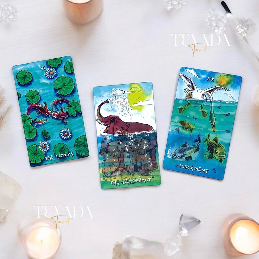 Unveil the magic of the Deep Water Tarot. This 78-card deck in vibrant watercolors guides you on an intuitive journey, revealing wisdom and clarity from mystical underwater creatures.