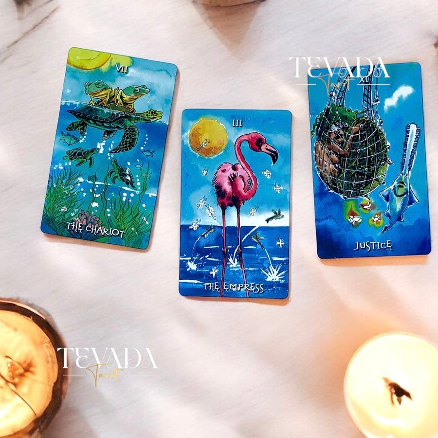 Unveil the magic of the Deep Water Tarot. This 78-card deck in vibrant watercolors guides you on an intuitive journey, revealing wisdom and clarity from mystical underwater creatures.