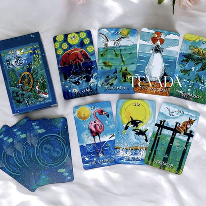 Unveil the magic of the Deep Water Tarot. This 78-card deck in vibrant watercolors guides you on an intuitive journey, revealing wisdom and clarity from mystical underwater creatures.