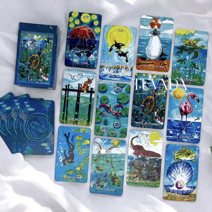 Unveil the magic of the Deep Water Tarot. This 78-card deck in vibrant watercolors guides you on an intuitive journey, revealing wisdom and clarity from mystical underwater creatures.