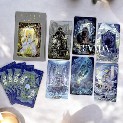 Unveil the beauty of growth with the Exile Tarot AWAKEN Edition Limited Version.  This 78-card deck, in a calming palette with romantic imagery, reflects self-discovery through introspection.  Limited Edition! Gain clarity &amp; wisdom.