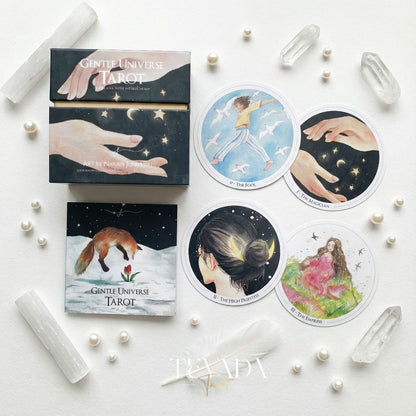 Discover the Gentle Universe Tarot — a 78-card circular deck in soft watercolor art, blending intuition, calm, and cosmic beauty for magical, heartfelt readings.