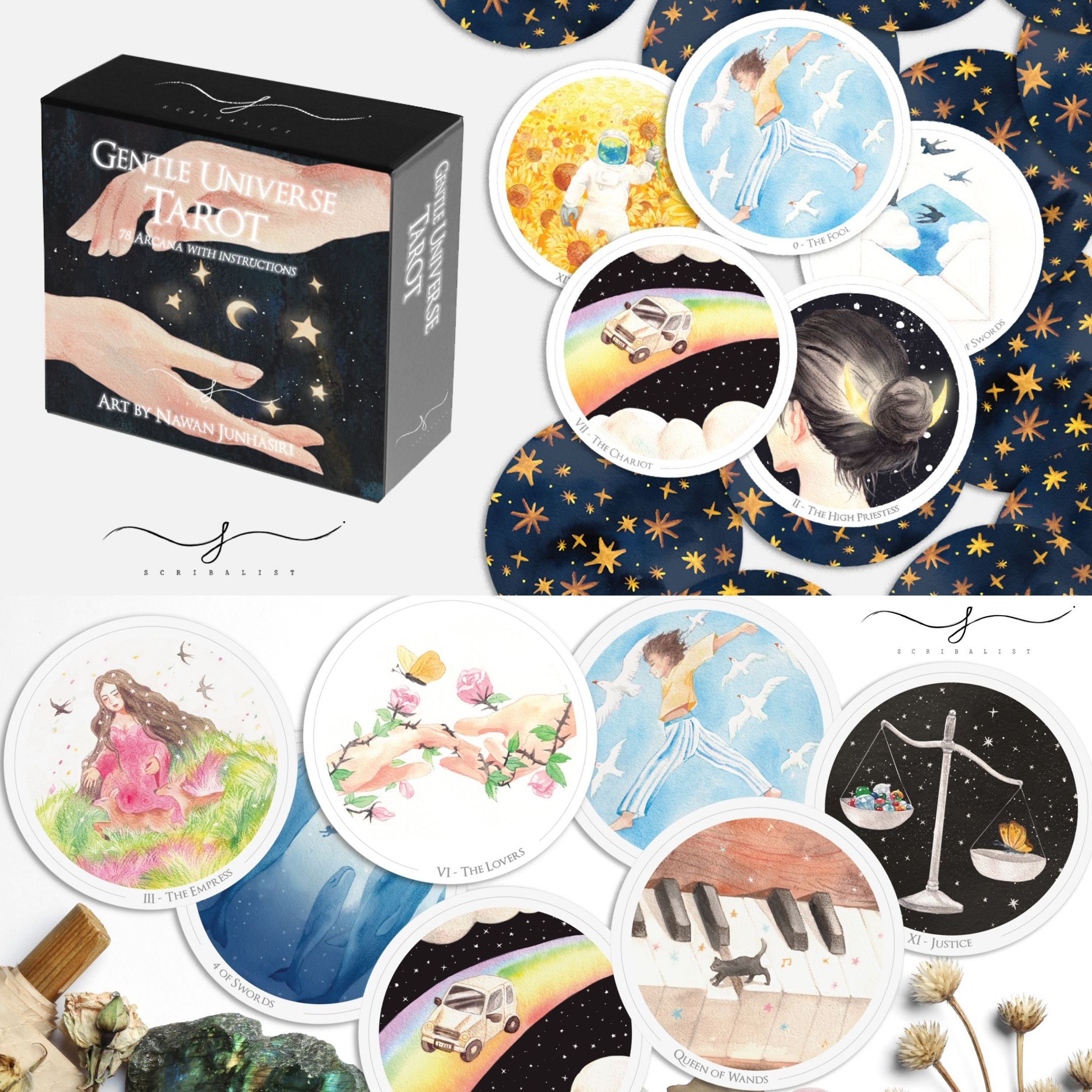 Discover the Gentle Universe Tarot — a 78-card circular deck in soft watercolor art, blending intuition, calm, and cosmic beauty for magical, heartfelt readings.