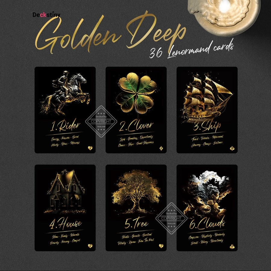Elevate your divination experience with the luxurious Golden Deep Lenormand. Featuring AI-generated art and gold stamping, this deck sets the standard for beautiful Lenormand cards