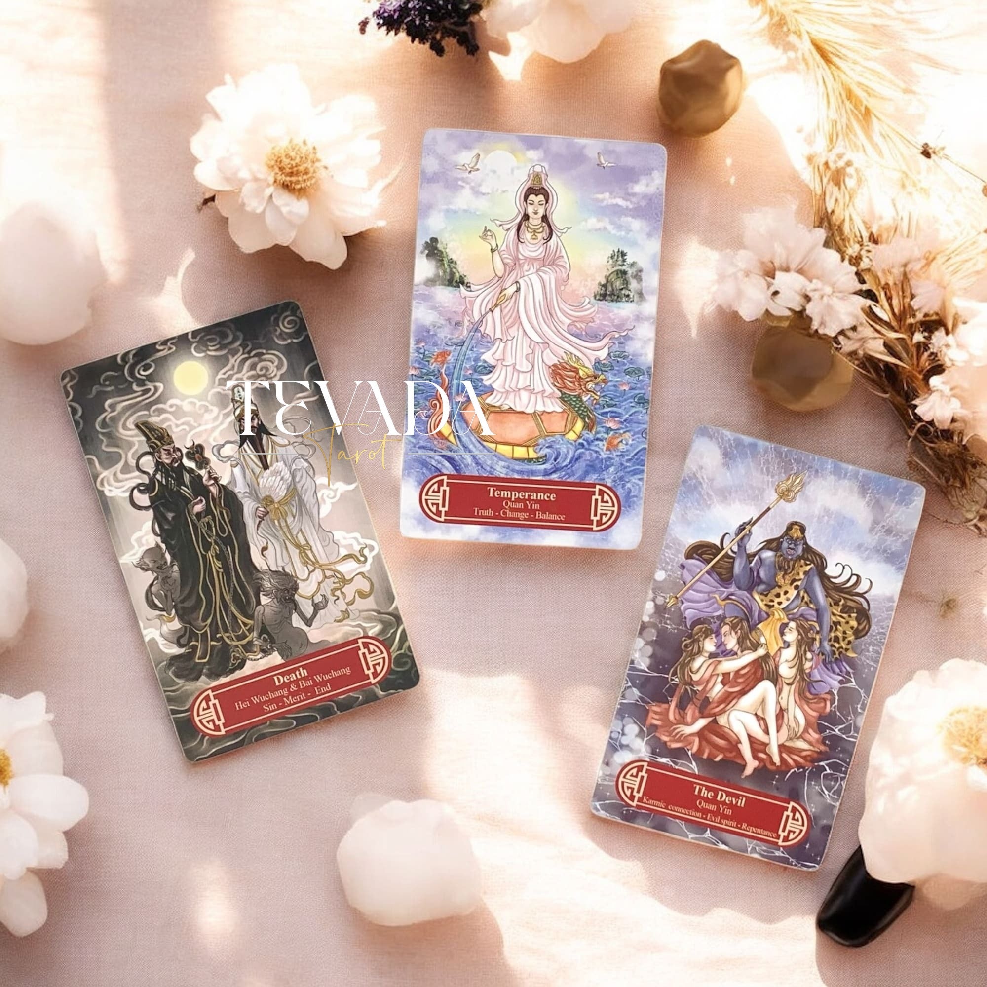Guanyindi Tarot RED PHOENIX Edt blends Chinese mythology and Guanyin’s compassion in a pocket-sized deck of 78 gold-accented cards for soulful divination and spiritual guidance.