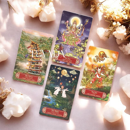 Guanyindi Tarot RED PHOENIX Edt blends Chinese mythology and Guanyin’s compassion in a pocket-sized deck of 78 gold-accented cards for soulful divination and spiritual guidance.