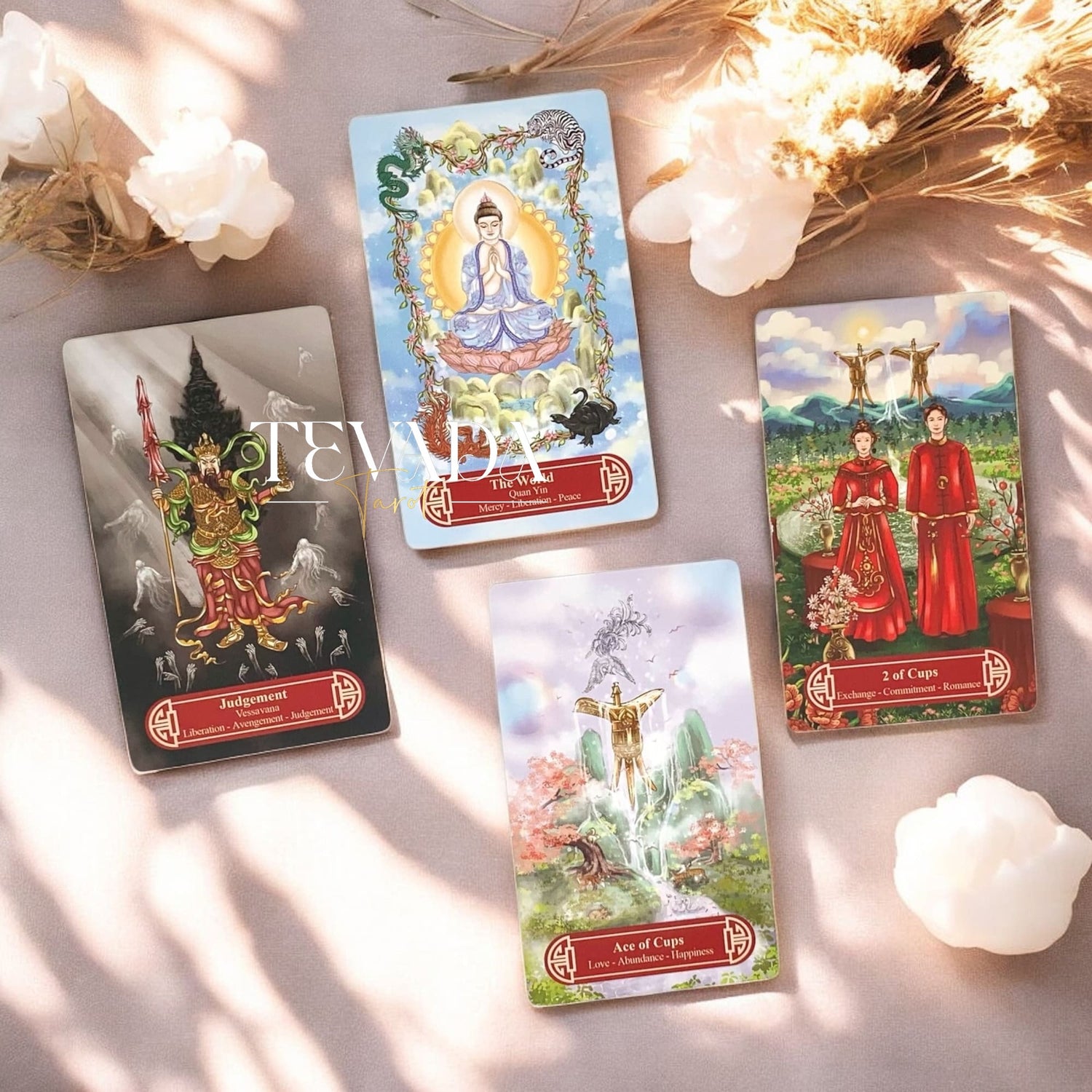 Guanyindi Tarot RED PHOENIX Edt blends Chinese mythology and Guanyin’s compassion in a pocket-sized deck of 78 gold-accented cards for soulful divination and spiritual guidance.