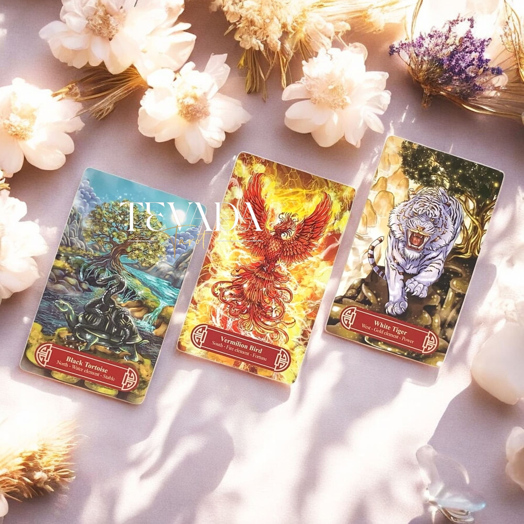 Guanyindi Tarot RED PHOENIX Edt blends Chinese mythology and Guanyin’s compassion in a pocket-sized deck of 78 gold-accented cards for soulful divination and spiritual guidance.