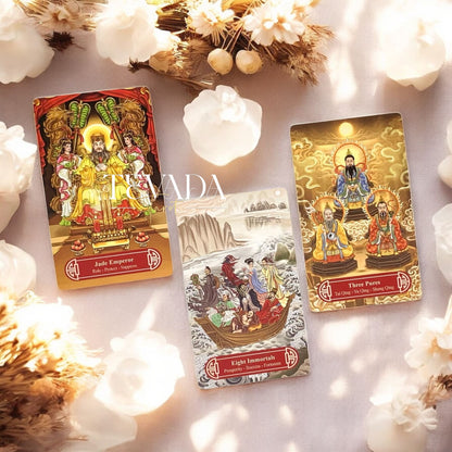 Guanyindi Tarot RED PHOENIX Edt blends Chinese mythology and Guanyin’s compassion in a pocket-sized deck of 78 gold-accented cards for soulful divination and spiritual guidance.