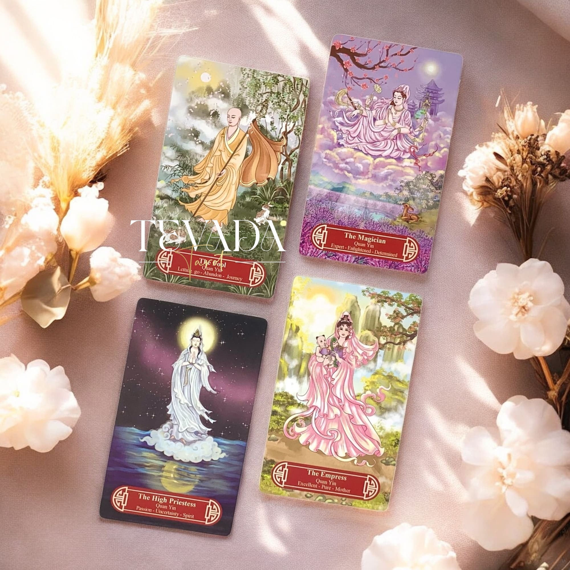 Guanyindi Tarot RED PHOENIX Edt blends Chinese mythology and Guanyin’s compassion in a pocket-sized deck of 78 gold-accented cards for soulful divination and spiritual guidance.