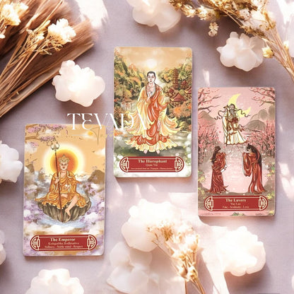 Guanyindi Tarot RED PHOENIX Edt blends Chinese mythology and Guanyin’s compassion in a pocket-sized deck of 78 gold-accented cards for soulful divination and spiritual guidance.