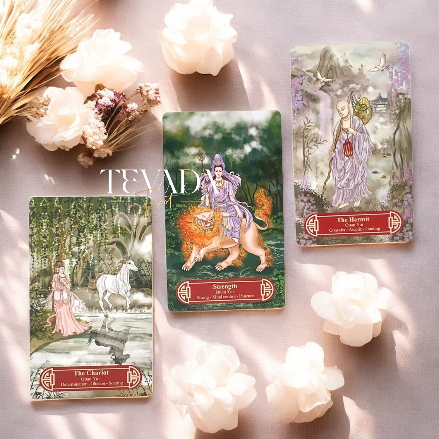 Guanyindi Tarot RED PHOENIX Edt blends Chinese mythology and Guanyin’s compassion in a pocket-sized deck of 78 gold-accented cards for soulful divination and spiritual guidance.