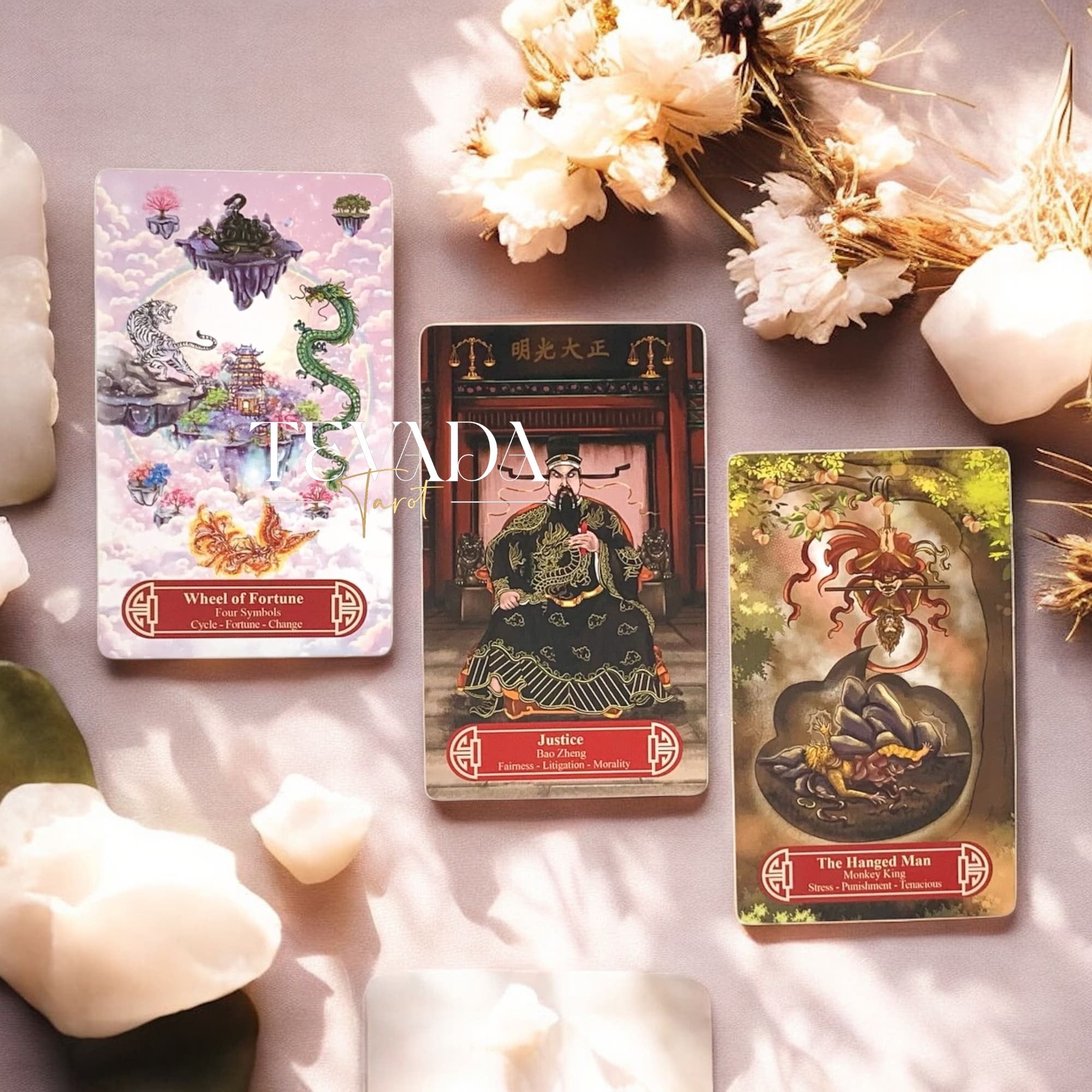 Guanyindi Tarot RED PHOENIX Edt blends Chinese mythology and Guanyin’s compassion in a pocket-sized deck of 78 gold-accented cards for soulful divination and spiritual guidance.