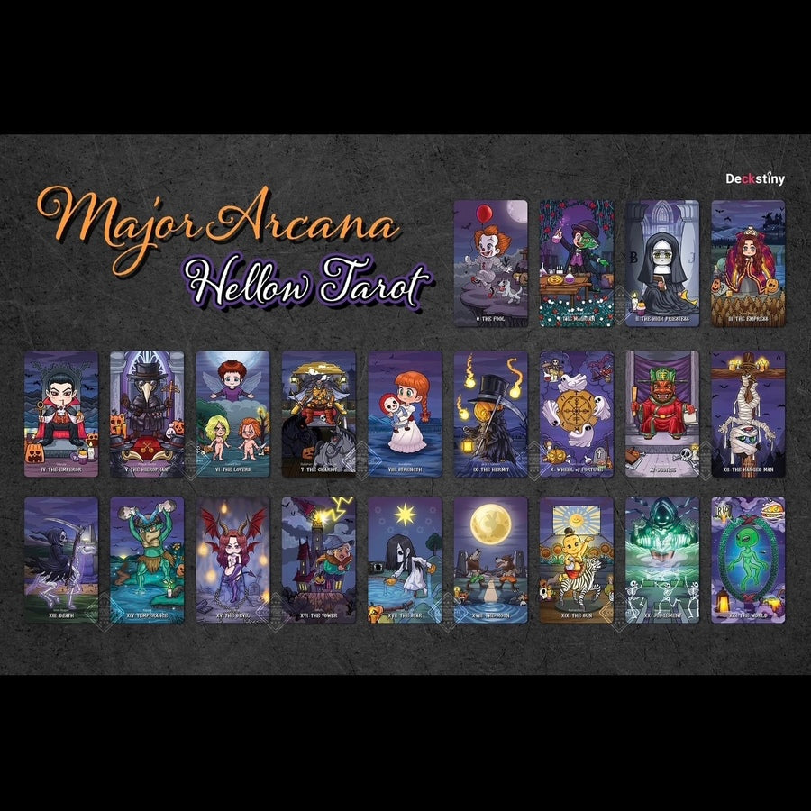 Unlock mystical wisdom with the Hellow Tarot! This 78-card deck combines horror spirits and adorable cartoon design. Perfect for Halloween and year-round readings. Step into your magical journey now!