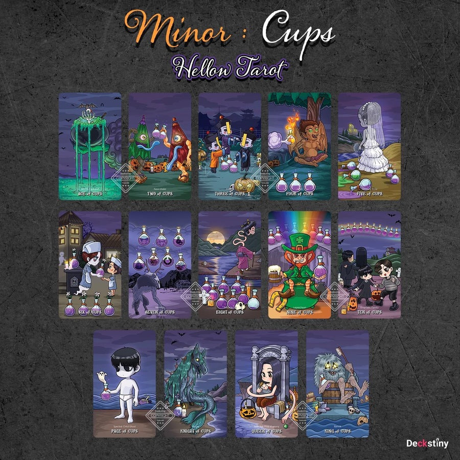 Unlock mystical wisdom with the Hellow Tarot! This 78-card deck combines horror spirits and adorable cartoon design. Perfect for Halloween and year-round readings. Step into your magical journey now!