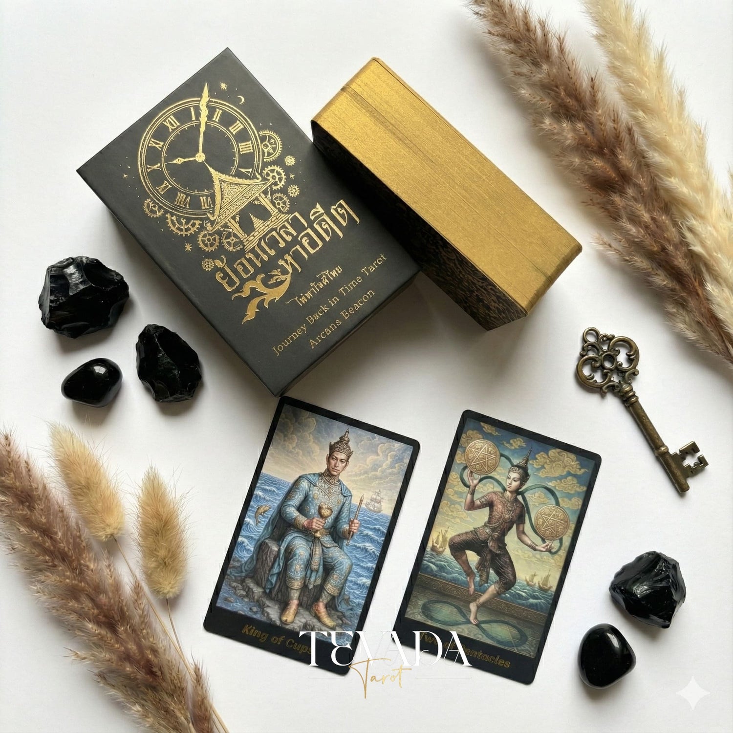 Journey Back In Time Tarot featuring traditional Thai artwork and ornate floral backs for intuitive divination.