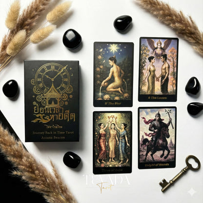 Journey Back In Time Tarot featuring traditional Thai artwork and ornate floral backs for intuitive divination.