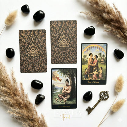 Journey Back In Time Tarot featuring traditional Thai artwork and ornate floral backs for intuitive divination.