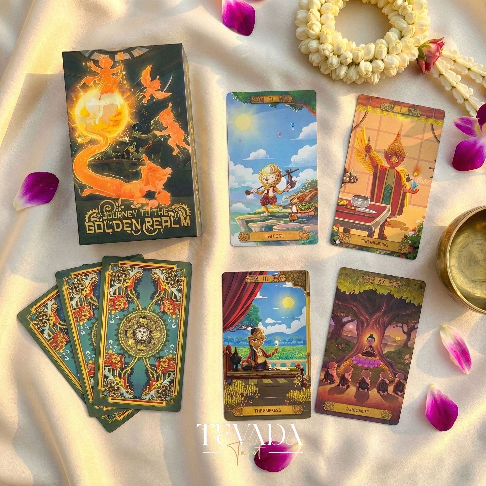 Journey to the Golden Realm Tarot Deck with cute Burmese mythology art and matte-teal edges for intuitive guidance.