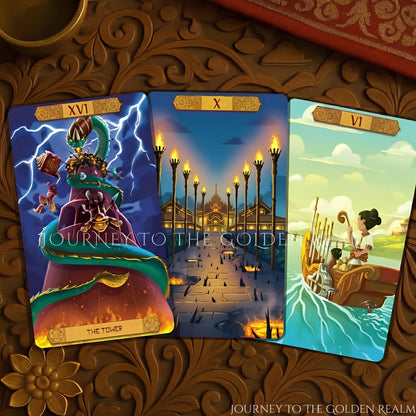 Journey to the Golden Realm Tarot Deck with cute Burmese mythology art and matte-teal edges for intuitive guidance.