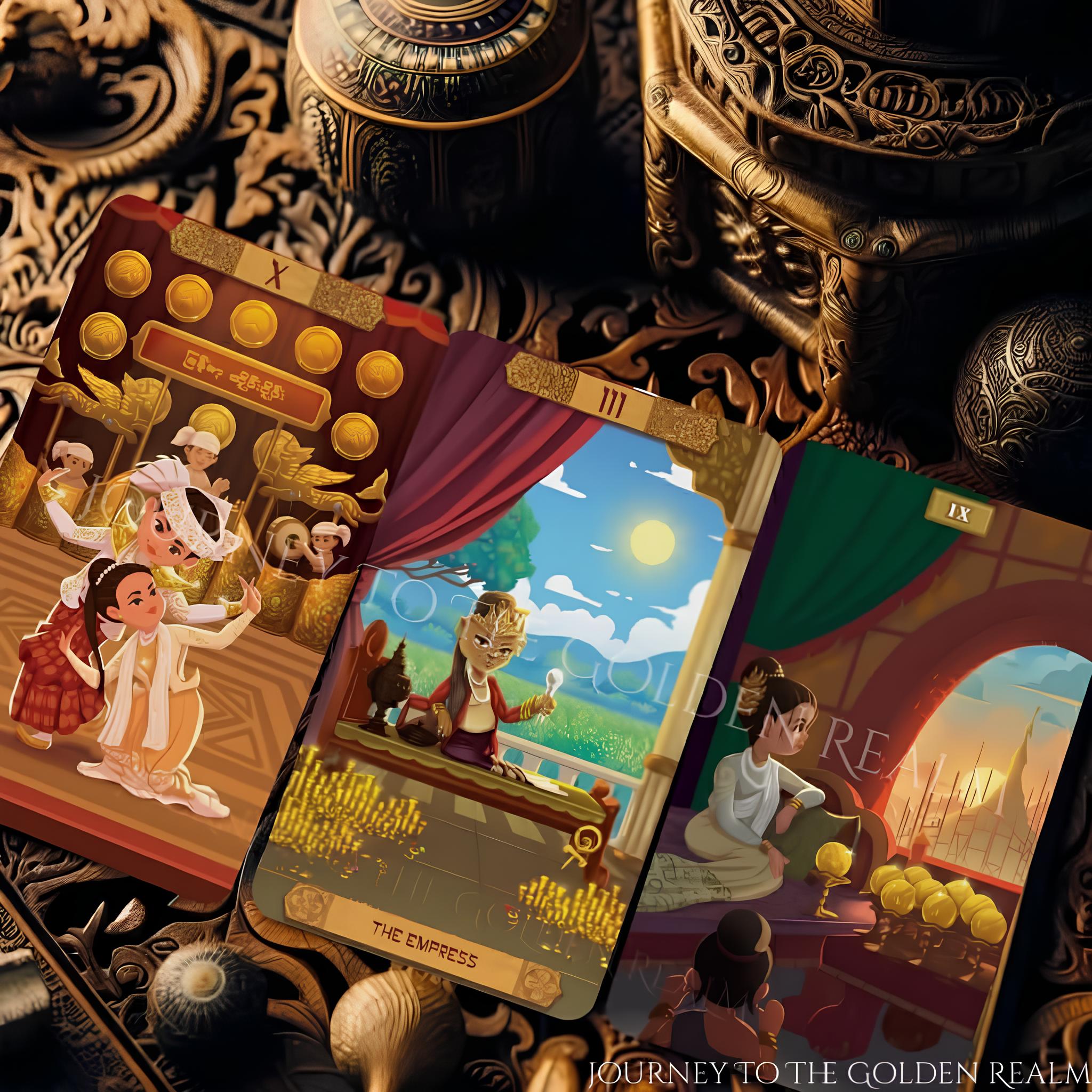 Journey to the Golden Realm Tarot Deck with cute Burmese mythology art and matte-teal edges for intuitive guidance.