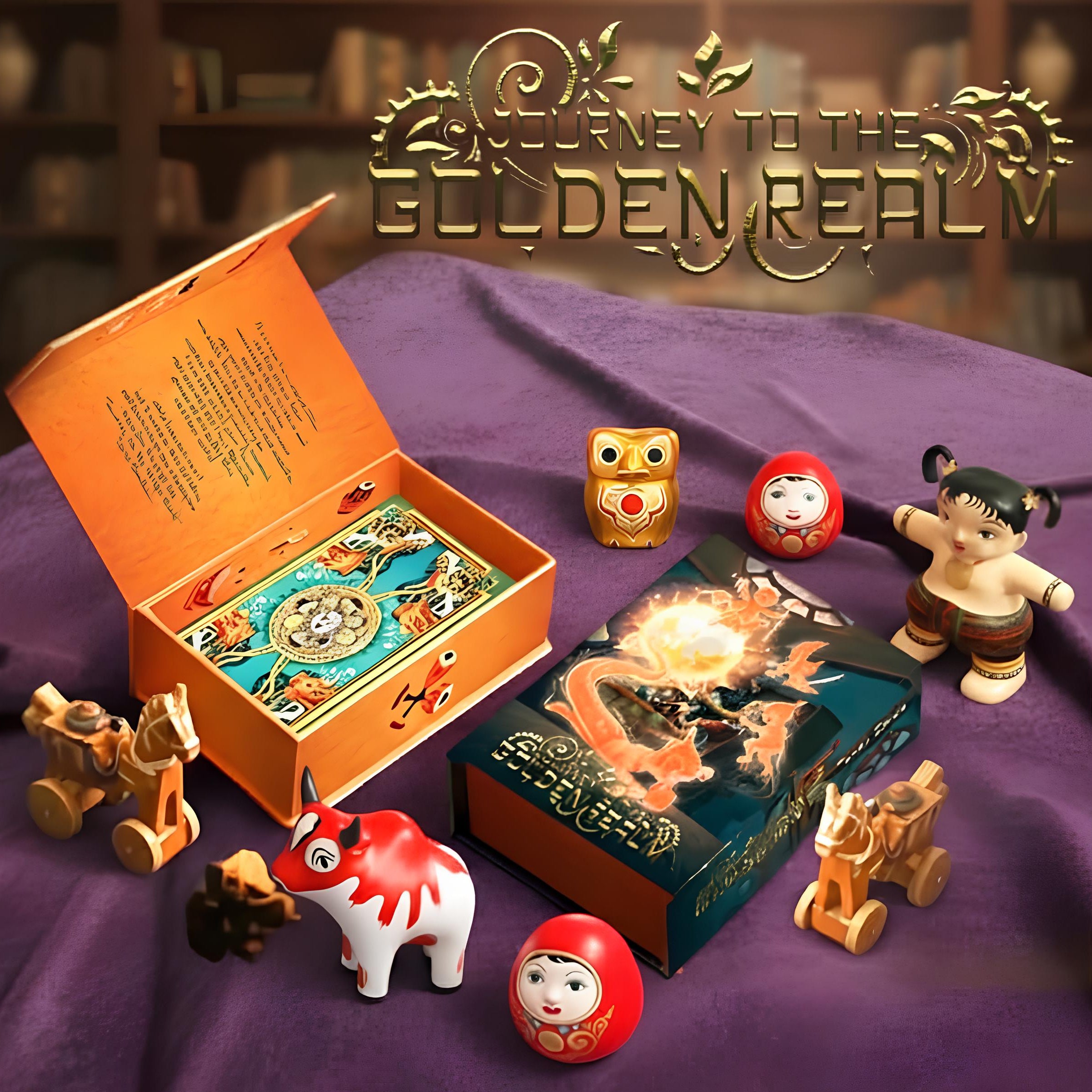 Journey to the Golden Realm Tarot Deck with cute Burmese mythology art and matte-teal edges for intuitive guidance.