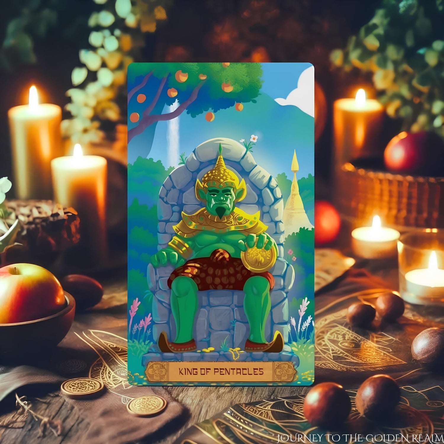 Journey to the Golden Realm Tarot Deck with cute Burmese mythology art and matte-teal edges for intuitive guidance.