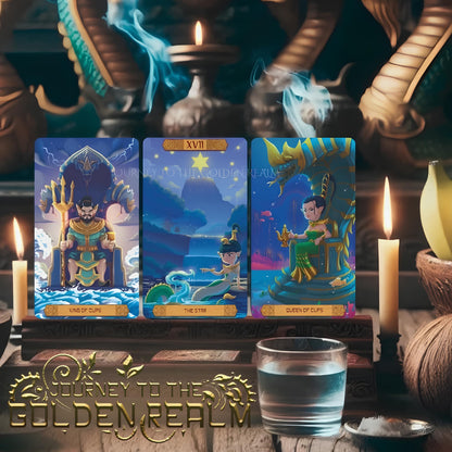 Journey to the Golden Realm Tarot Deck with cute Burmese mythology art and matte-teal edges for intuitive guidance.