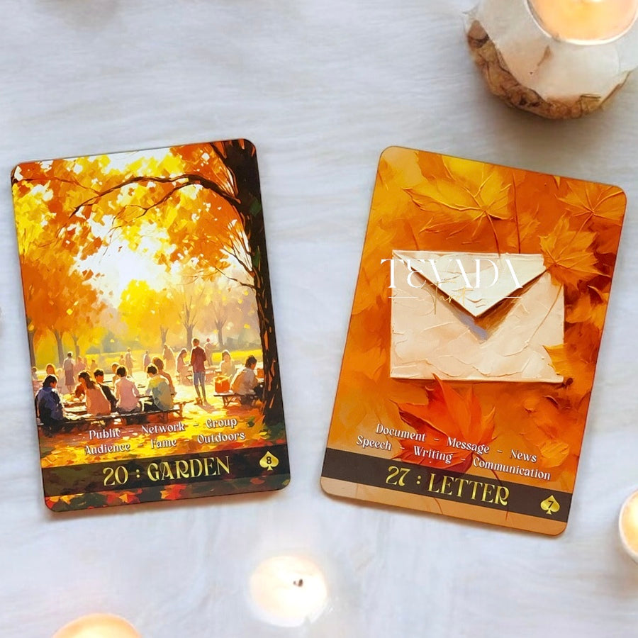 Discover the magic of autumn with Le Autumn Lenormand, a 36-card deck featuring enchanting fall imagery. Perfect for intuitive readings and seasonal guidance. Order now for a touch of fall magic!