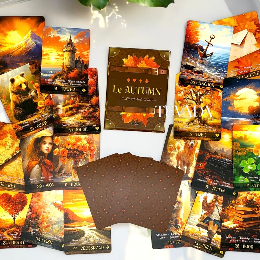 Discover the magic of autumn with Le Autumn Lenormand, a 36-card deck featuring enchanting fall imagery. Perfect for intuitive readings and seasonal guidance. Order now for a touch of fall magic!