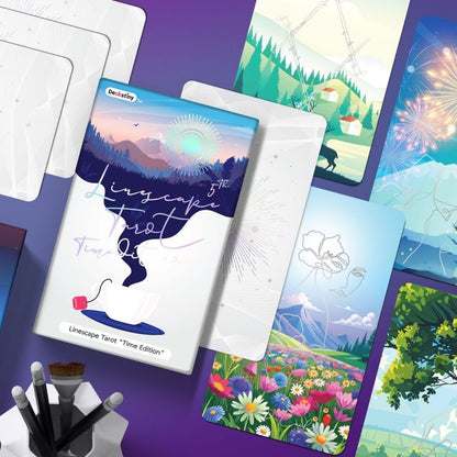 Discover the Linescape Tarot Time Edition, a 78-card deck featuring minimalist white line art on stunning landscapes. Six special time cards capture dawn, noon, sunset, twilight, midnight, and sunrise.